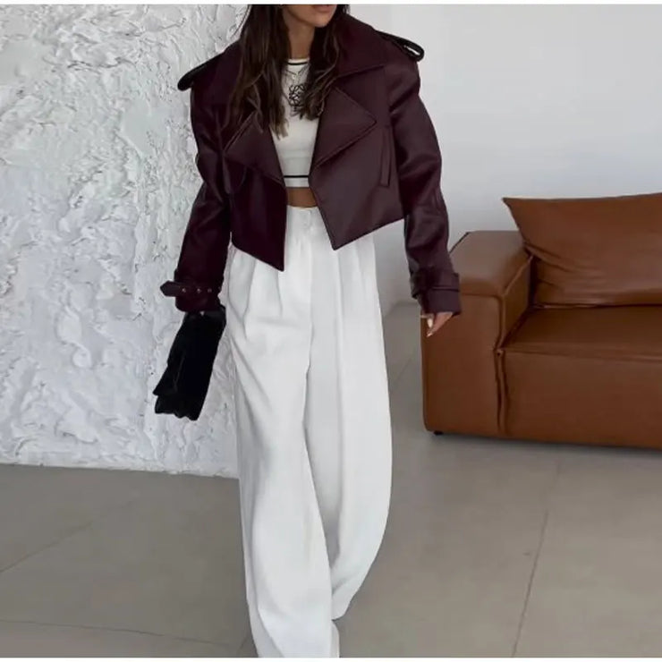 Dark Red Leather Fabric Lapel Cropped Jacket