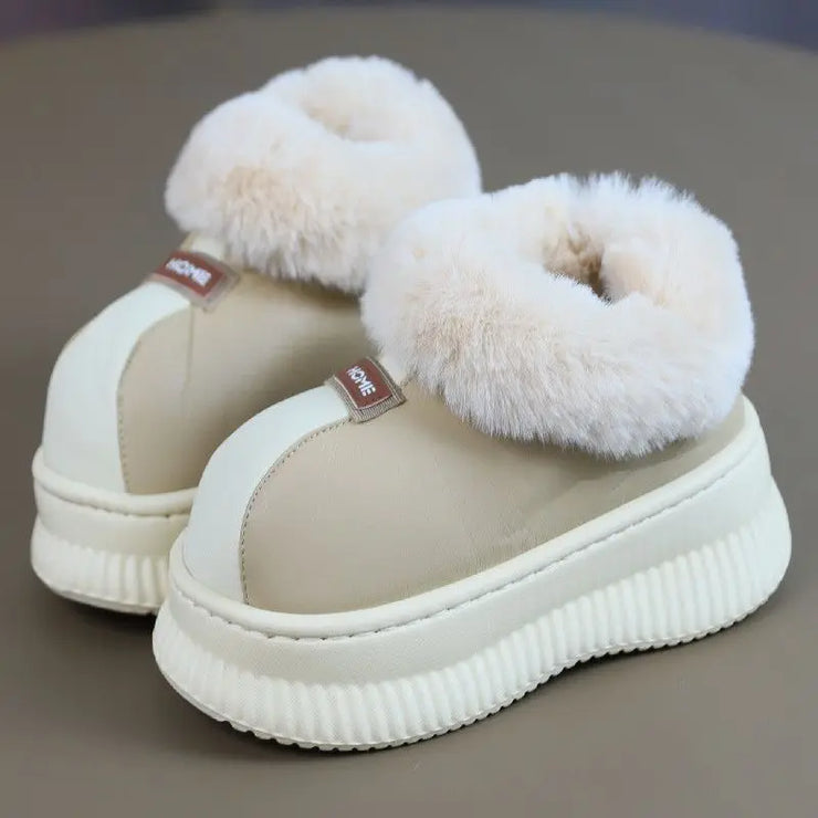 House Slippers for Women New Leather Waterproof Platform Winter Cotton Shoes Home Non-slip Warm Plush Fashion Snow Boots