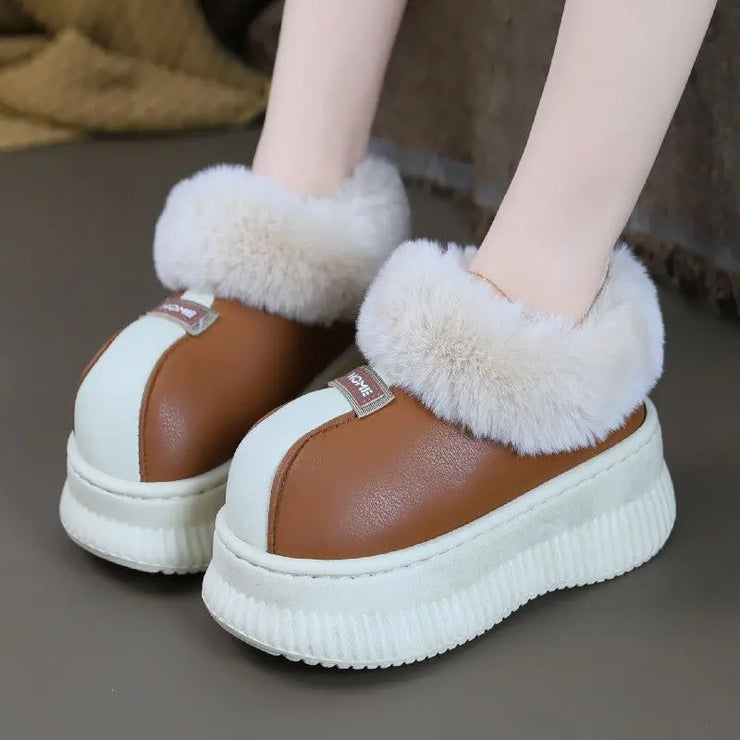House Slippers for Women New Leather Waterproof Platform Winter Cotton Shoes Home Non-slip Warm Plush Fashion Snow Boots
