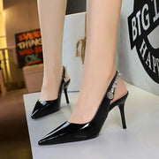 Elegant Pointed Toe High Heel Sandals Women Fashion Rhinestone Strap Open Back PU Leather Shoes