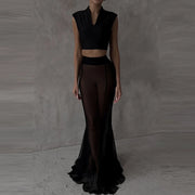 Ladies Fashion Solid Long Sleeve Blazer +Mermaid Skirts Suit 2025 Women Transparent Mesh Two Piece Set Elegant Banquet Outfits