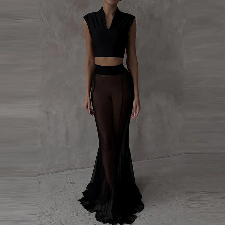 Ladies Fashion Solid Long Sleeve Blazer +Mermaid Skirts Suit 2025 Women Transparent Mesh Two Piece Set Elegant Banquet Outfits