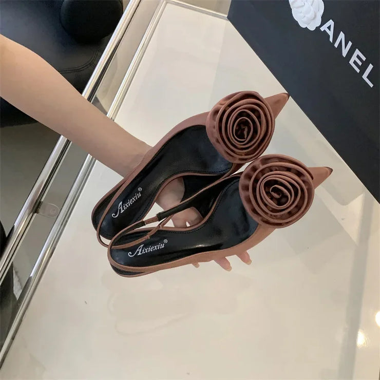 Hot Selling 2025 new Sexy Silk Slingback Pointed Toe Women Pumps Fashion Design Flowers Thin Heels Banquet Prom Shoes 35-40