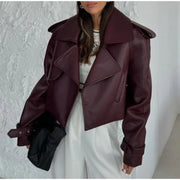 Dark Red Leather Fabric Lapel Cropped Jacket