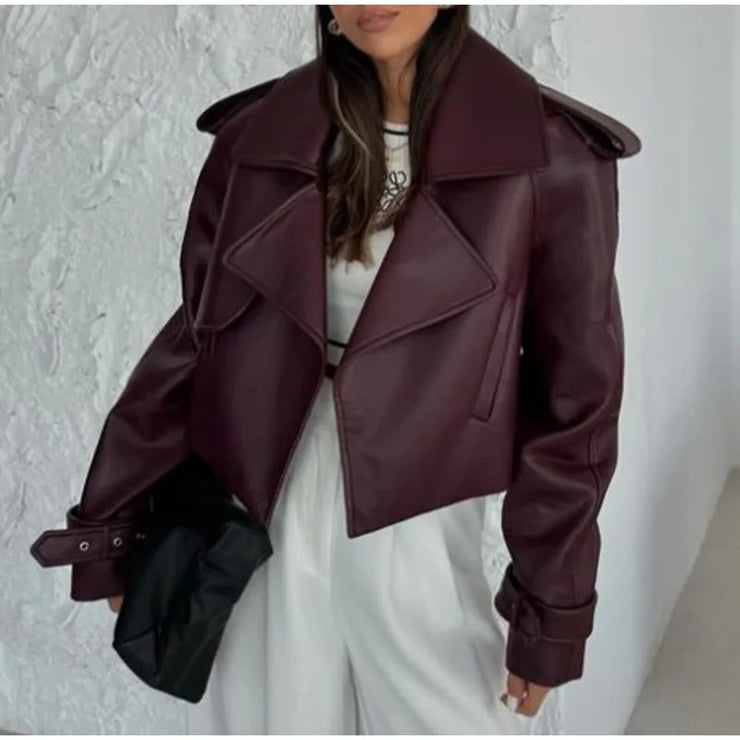 Dark Red Leather Fabric Lapel Cropped Jacket
